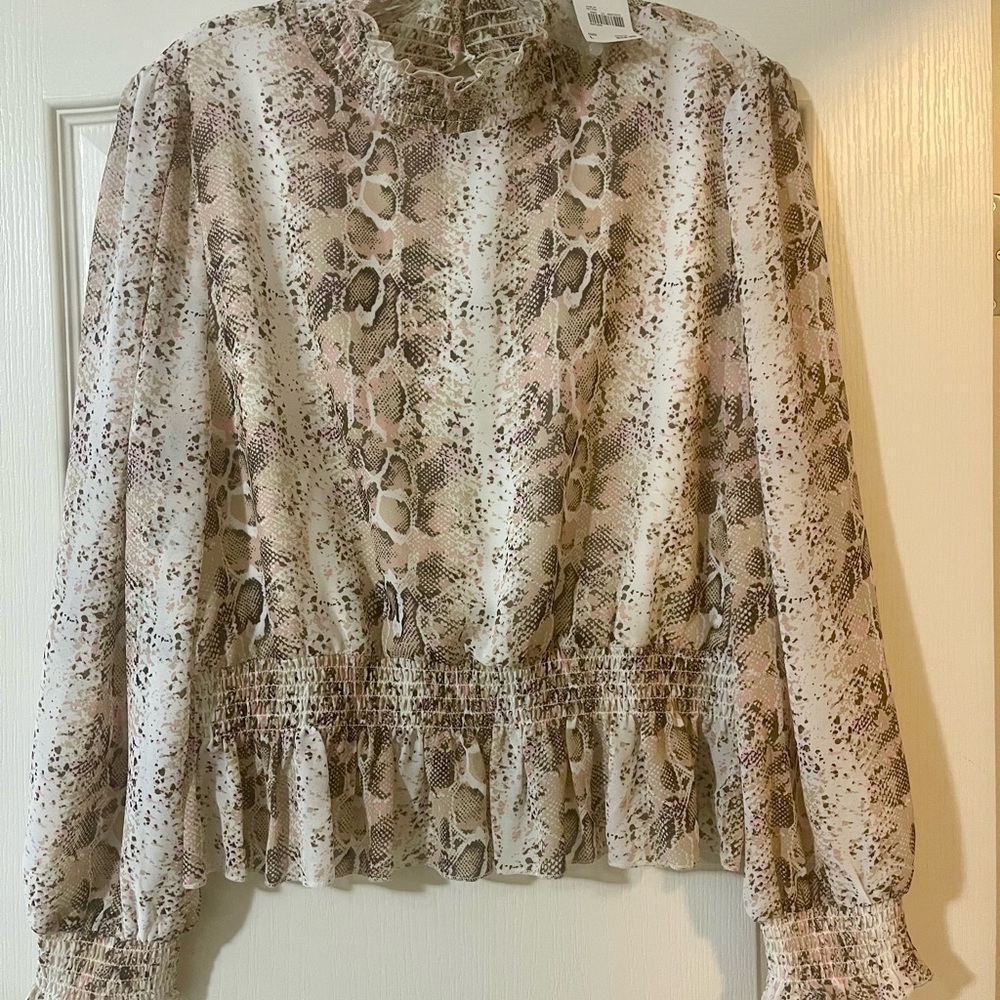 Versona Brown and Cream Ruffled Smocked Blouse NWT